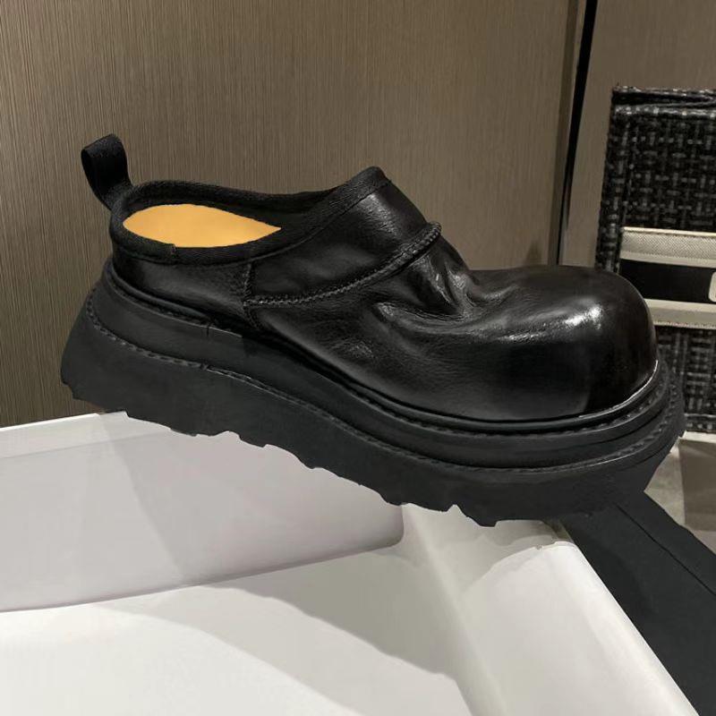 高档真皮懒人一脚蹬博肯鞋半托穆勒鞋新款覆古厚底增高包头凉鞋男